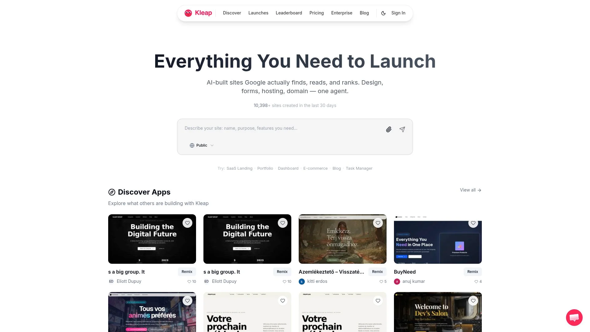 AI-built sites, Google-powered, design, forms, hosting, domain in one agent.