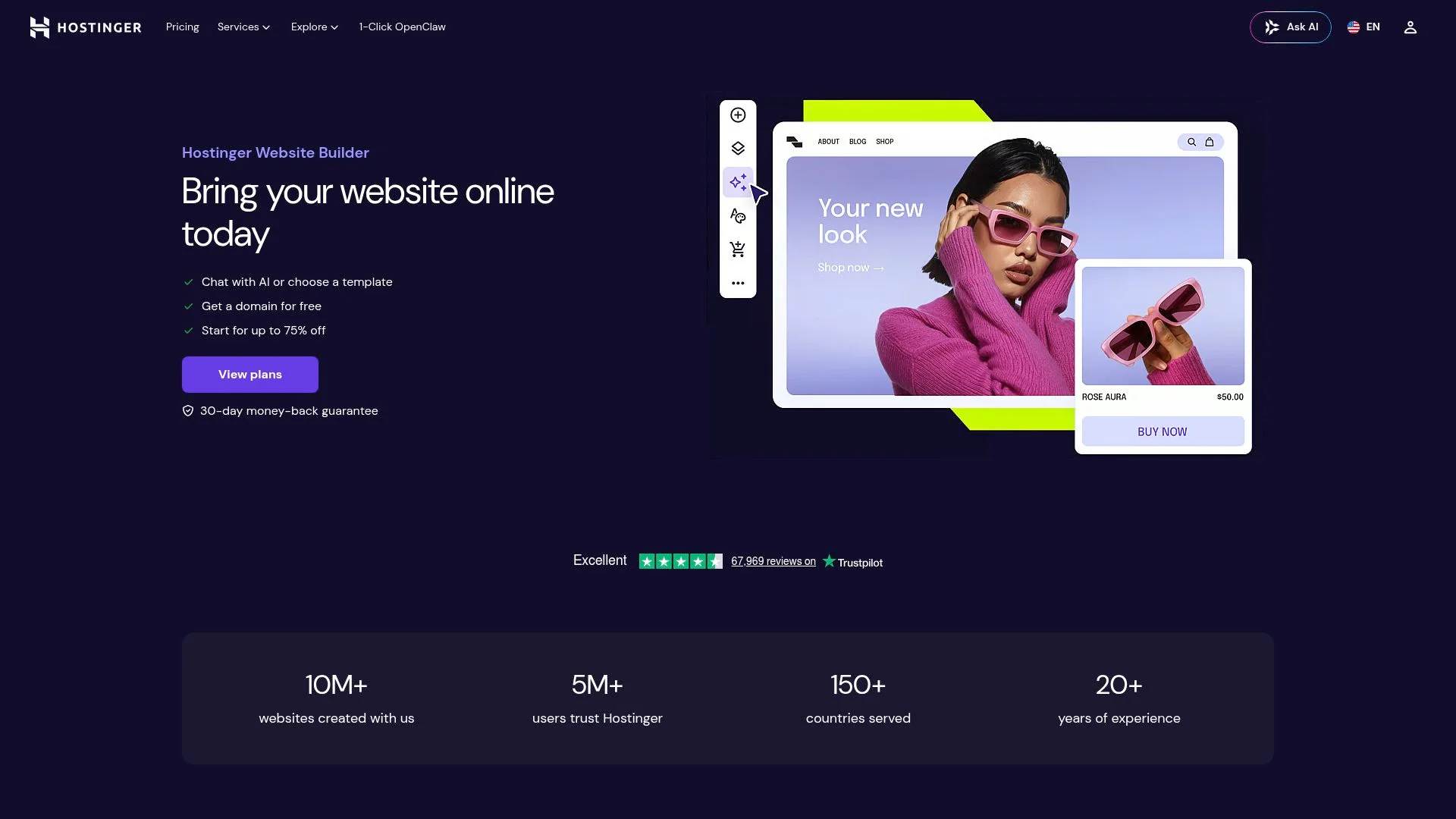 Hostinger website builder, online store, 10M+ websites, 5M+ users, 150+ countries.