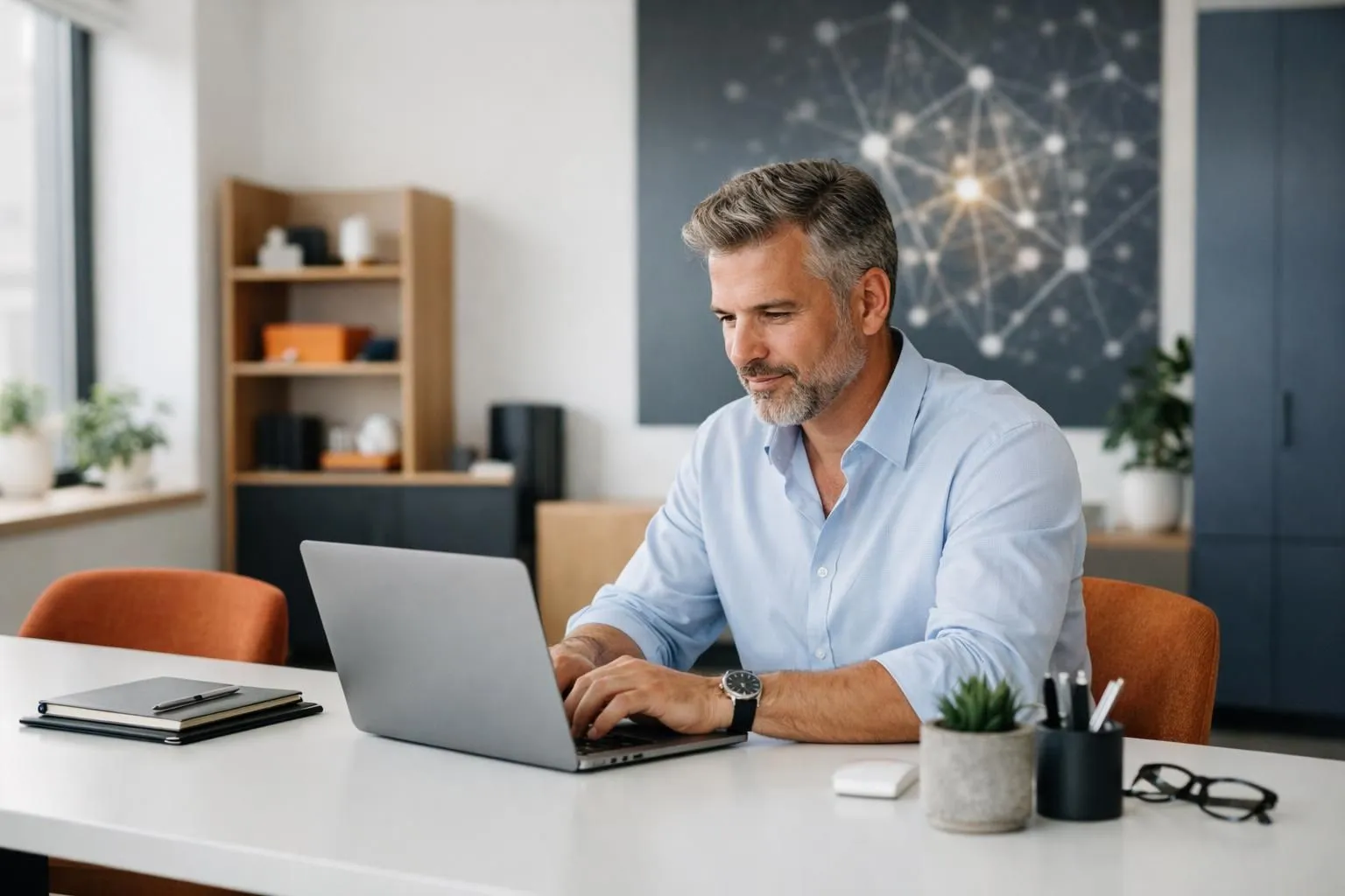 Business owner sitting at laptop with holographic website interface emerging from screen, AI neural network patterns visible in background, modern office environment, dashboard showing website building in progress, realistic photography style, natural lighting