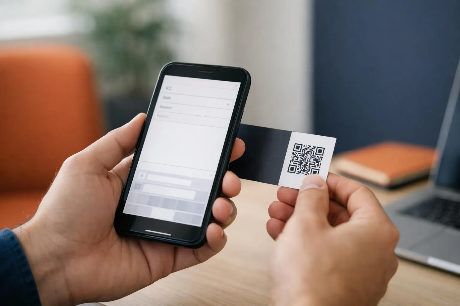 Hands holding smartphone and QR code card on desk.