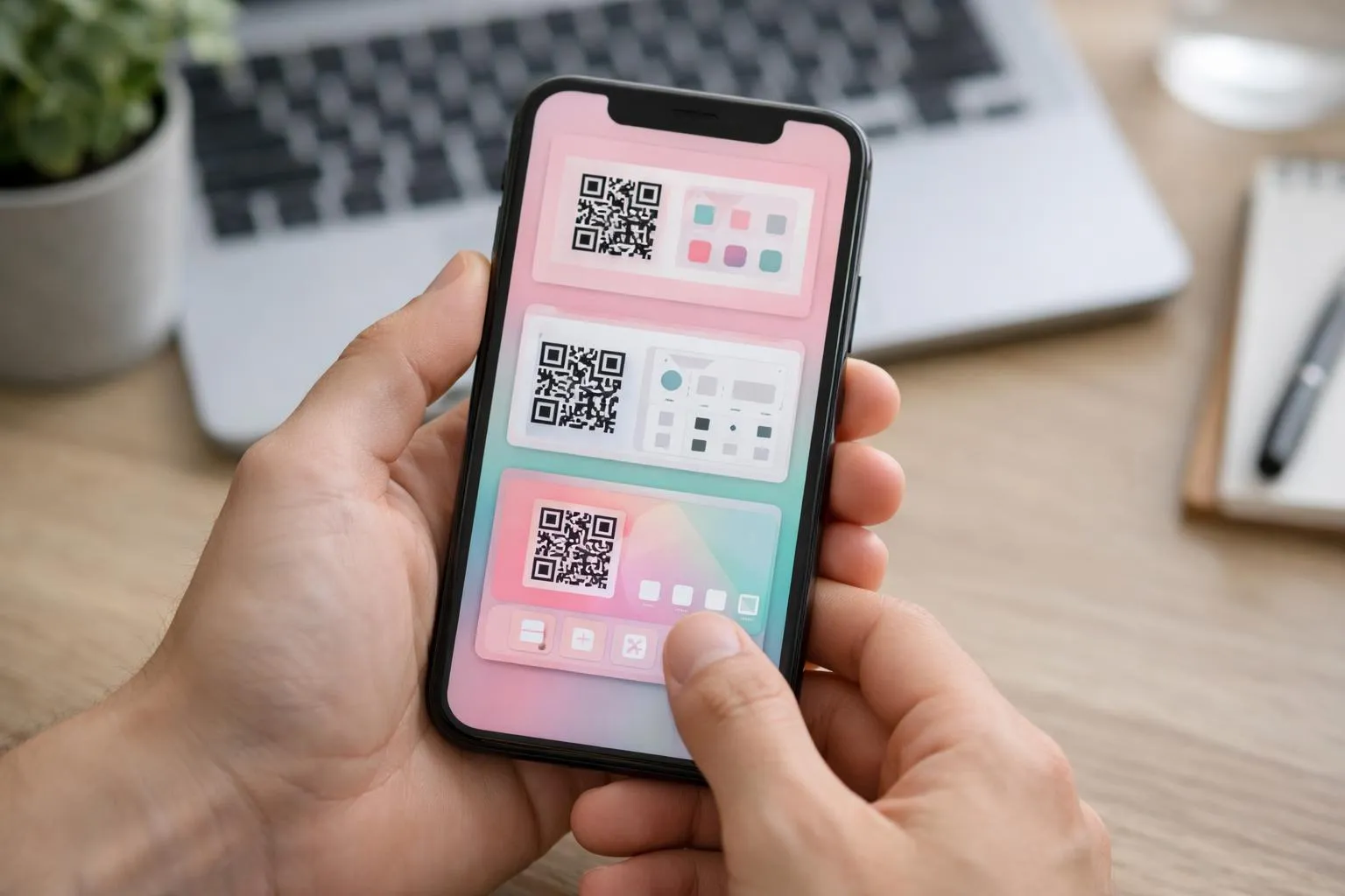 Smartphone displaying multiple QR codes and application icons on screen.