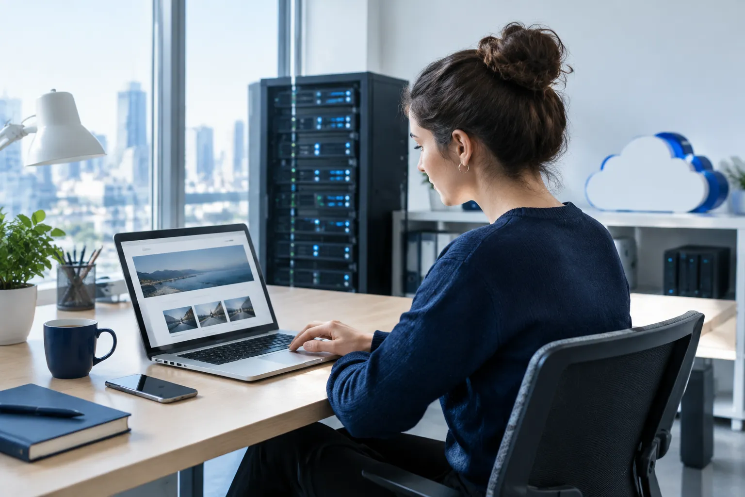 Woman working on laptop in modern server-filled office.
