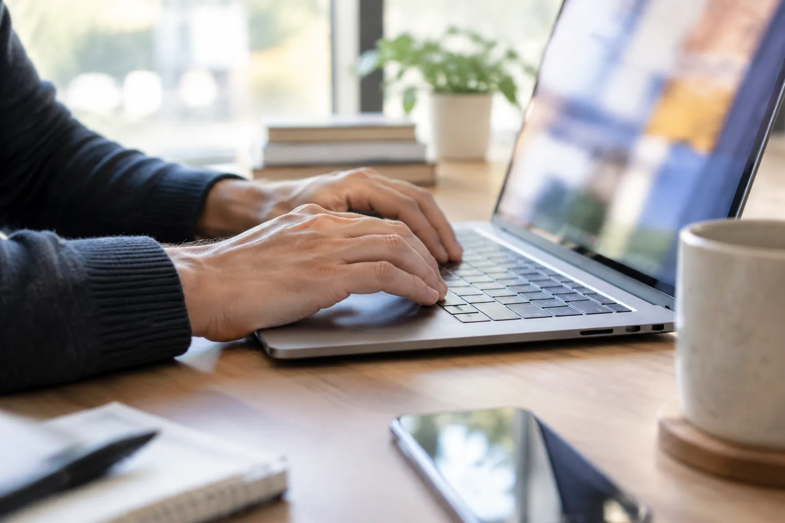 Person typing on laptop at wooden desk with coffee mug