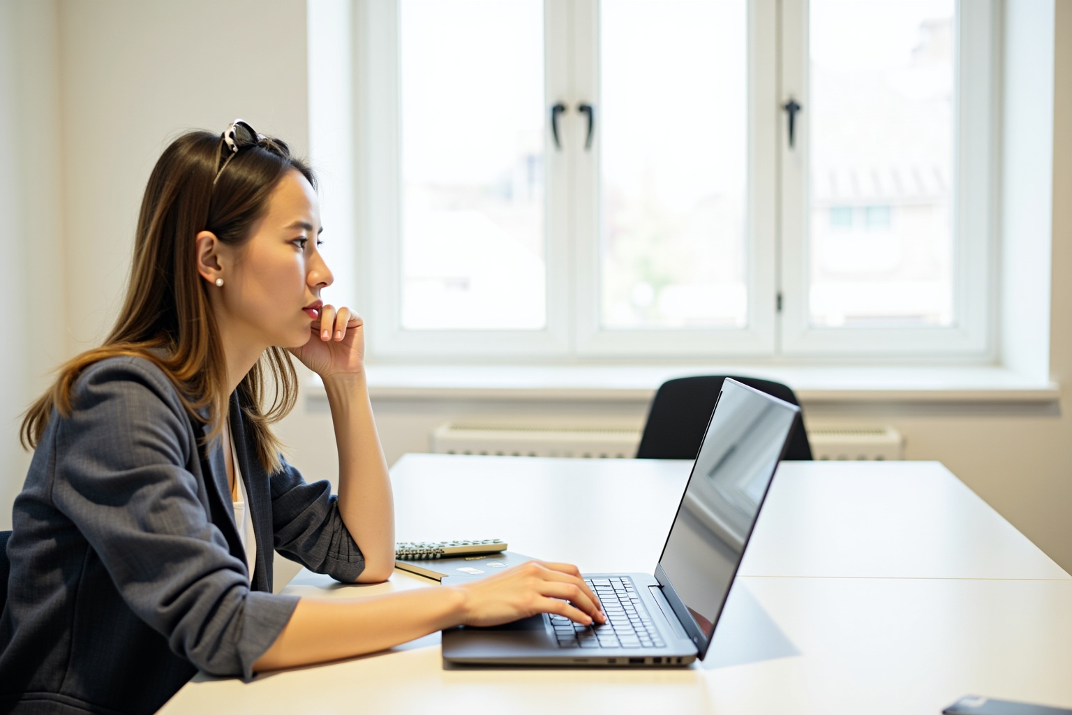 Focused woman working on laptop in an office setting.
