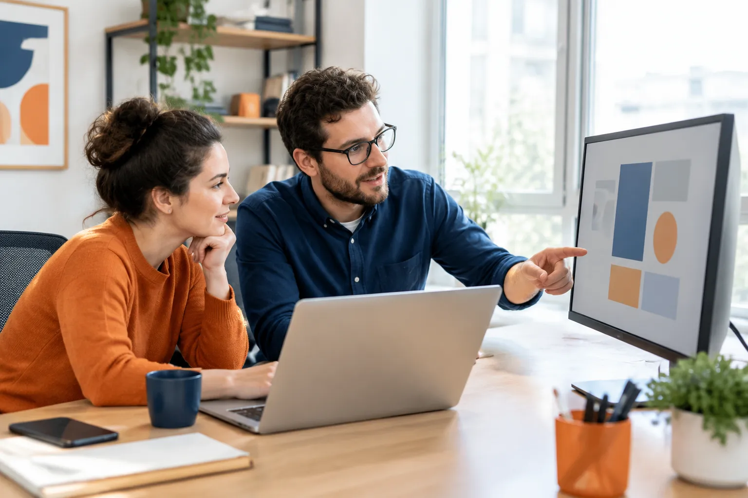 Coworkers discussing design concepts beside laptop and monitor