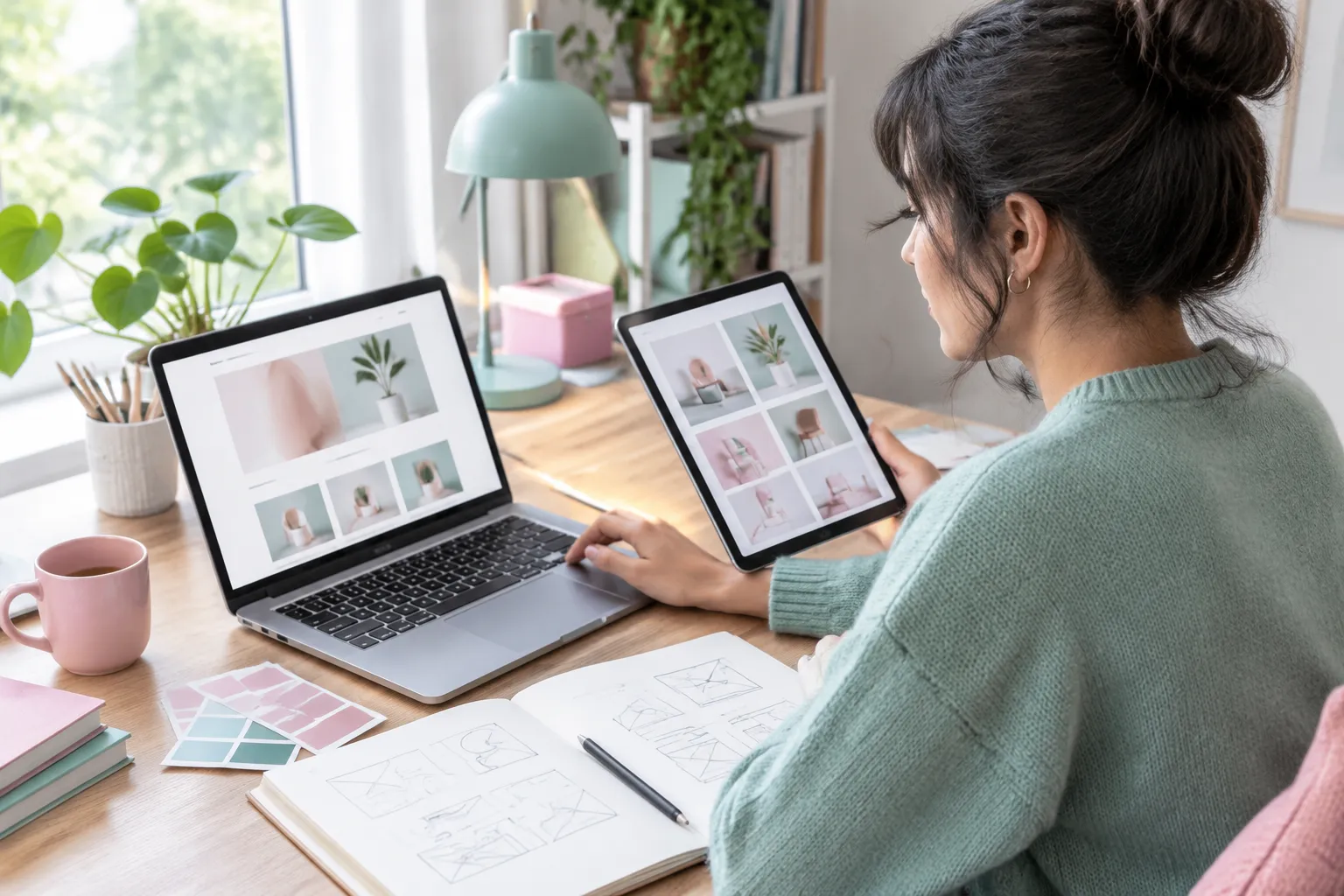 Woman designing on laptop and tablet at desk