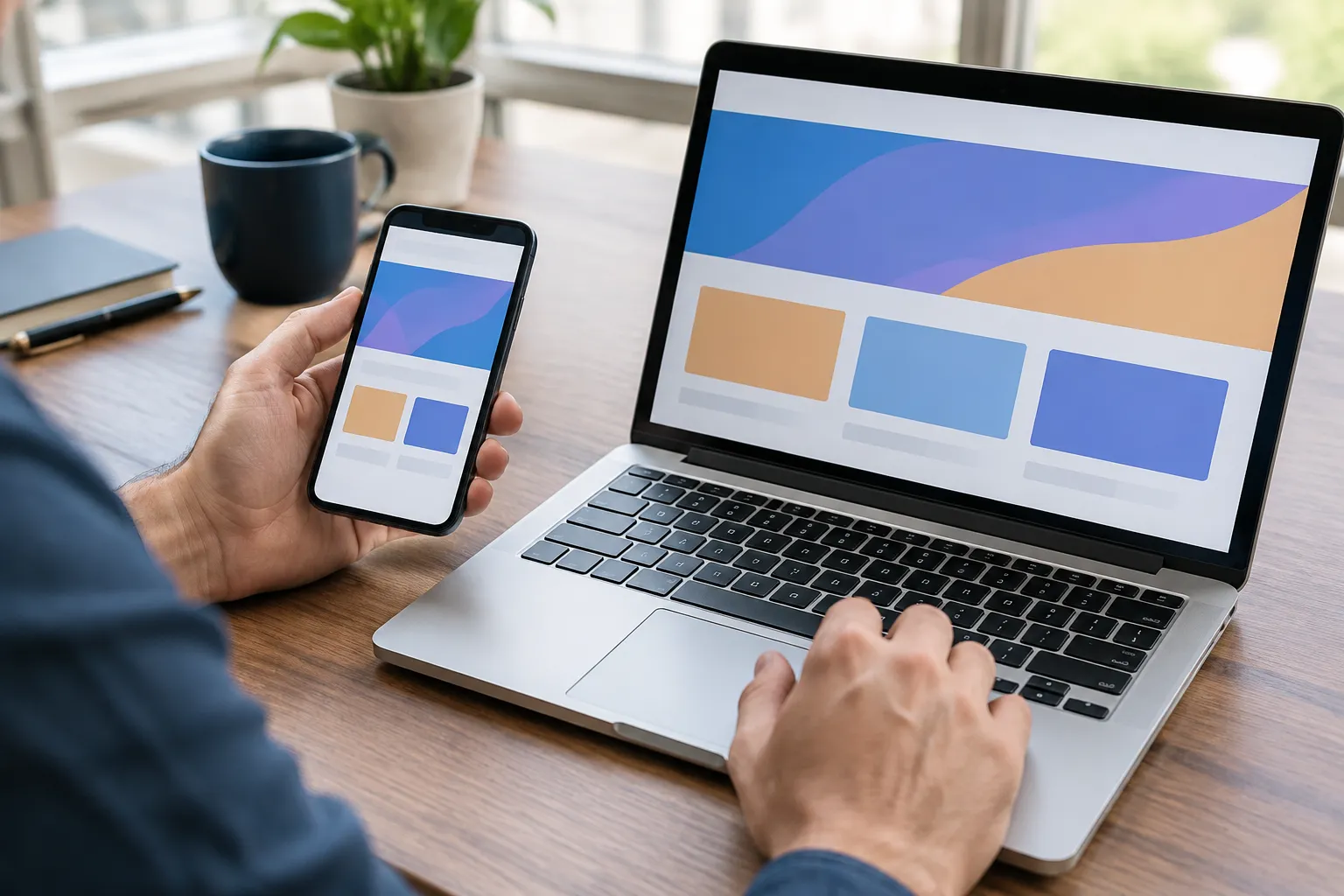 Person testing responsive website on laptop and smartphone