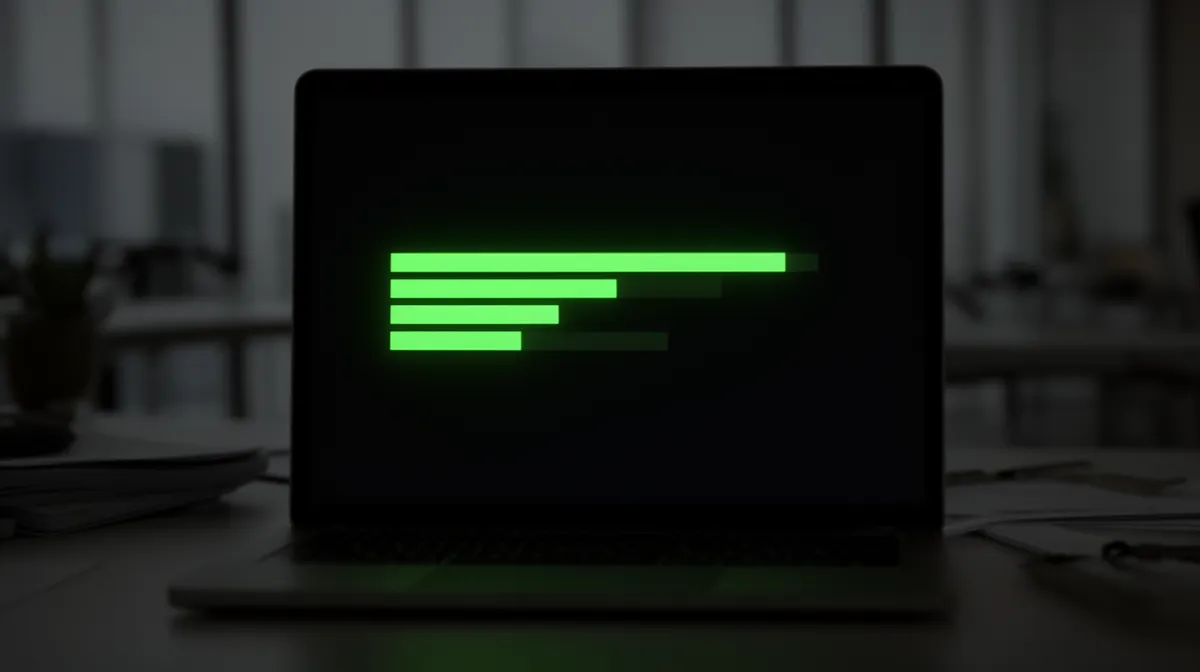 Laptop screen displaying a green progress bar against a dark background.