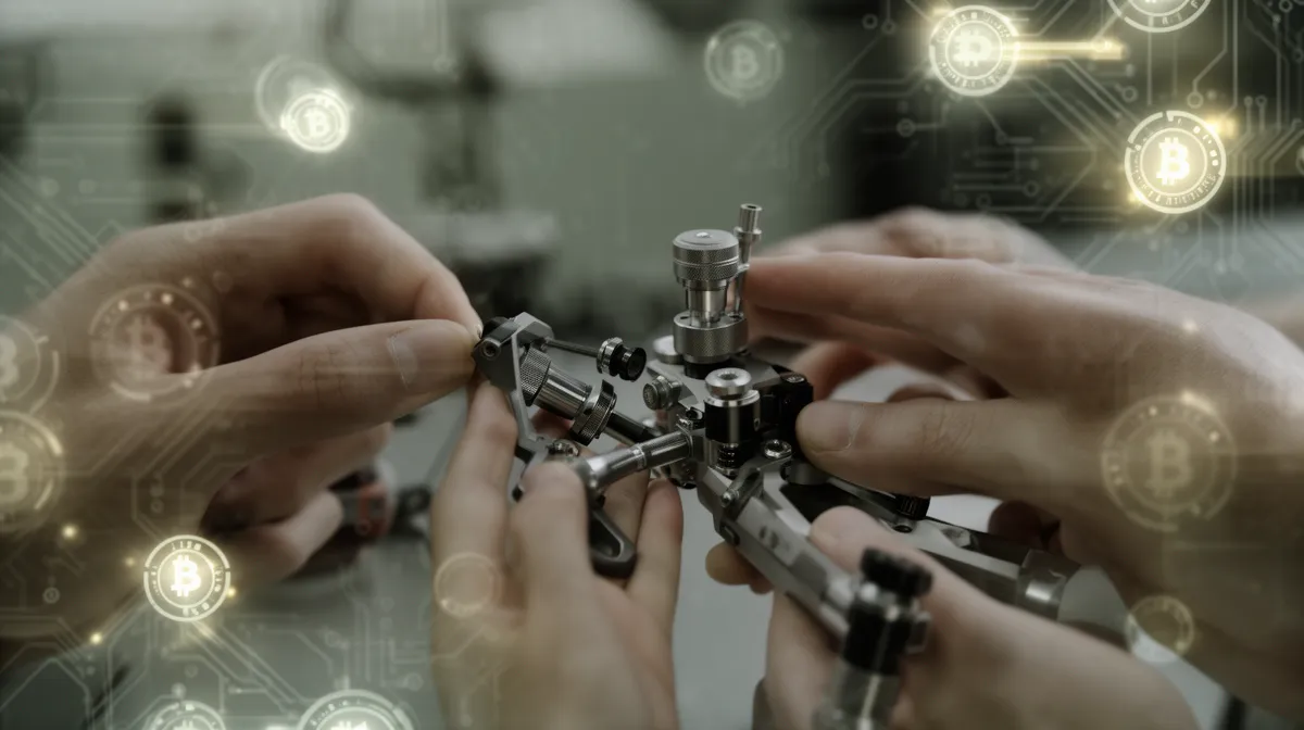 Hands assembling a complex mechanical device with digital overlays.