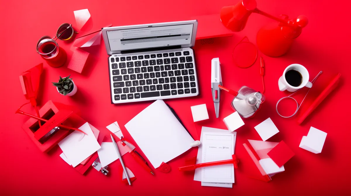 Laptop, office supplies, and red background creating a vibrant workspace.