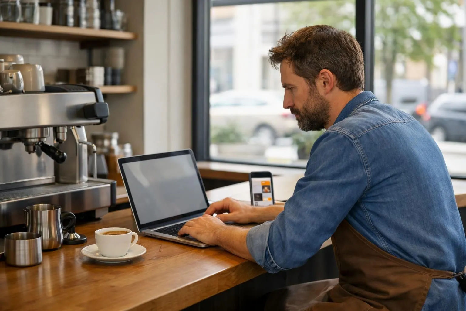 Local coffee shop owner reviewing website analytics on laptop at wooden counter, warm natural lighting through storefront windows, smartphone showing mobile site preview beside espresso machine, professional business photography style