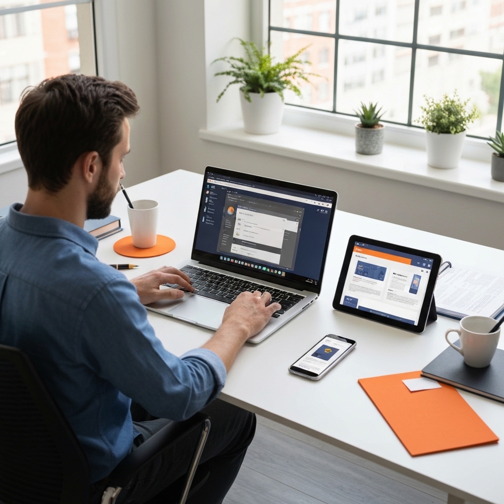 Entrepreneur sitting at modern desk with laptop open showing app builder interface, smartphone and tablet displaying mobile app screens, bright natural lighting through office window, professional workspace with plants