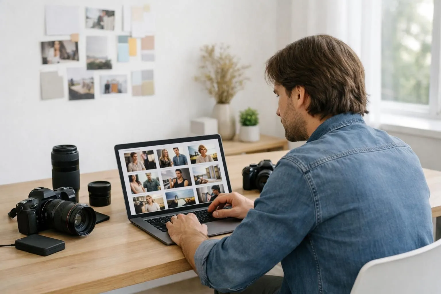 Freelance photographer reviewing AI-generated portfolio layouts on laptop screen showing multiple design variations, workspace includes camera equipment and design mood boards, natural lighting, professional creative environment focused on portfolio website builder ai free technology