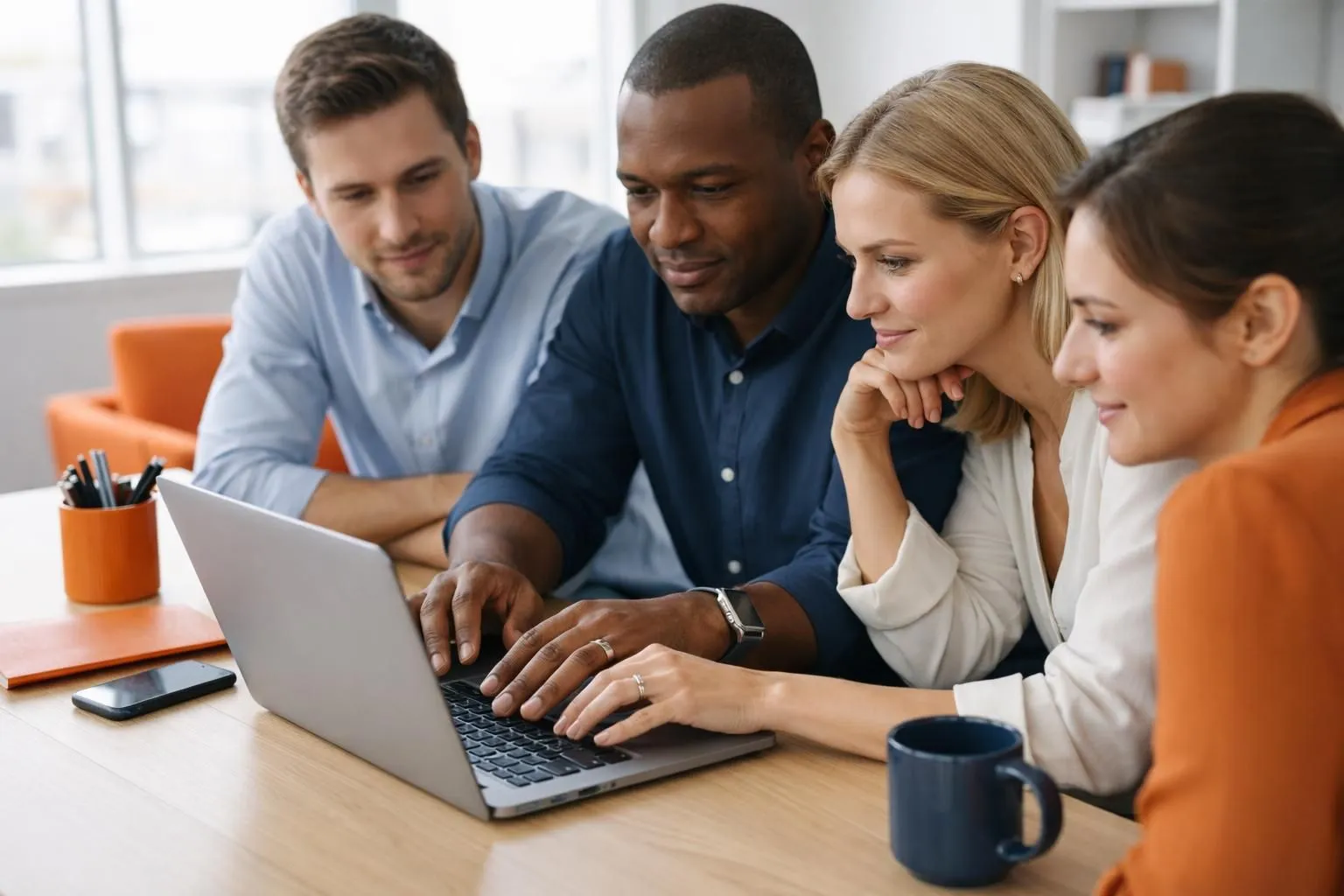 Product development team collaborating around laptop displaying AI interface with holographic wireframes and code visualizations, modern startup office with natural lighting, innovation and speed theme, professional business setting
