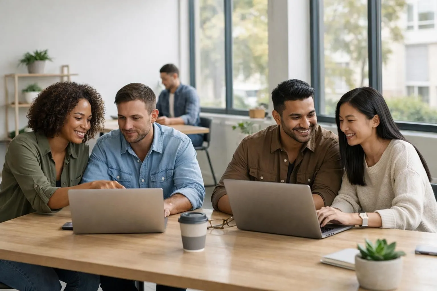 Entrepreneurs of various ages working on laptops in bright modern coworking space, with holographic AI interface elements floating above their screens, showing website wireframes and application development tools, natural lighting through large windows, collaborative atmosphere with diverse team members