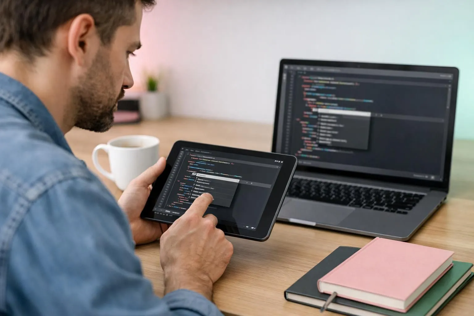 Software developer working at desk with laptop and tablet showing AI code completion interface, surrounded by coffee cup and notebooks, warm focused lighting highlighting the coding workspace without any visible text or labels on screens