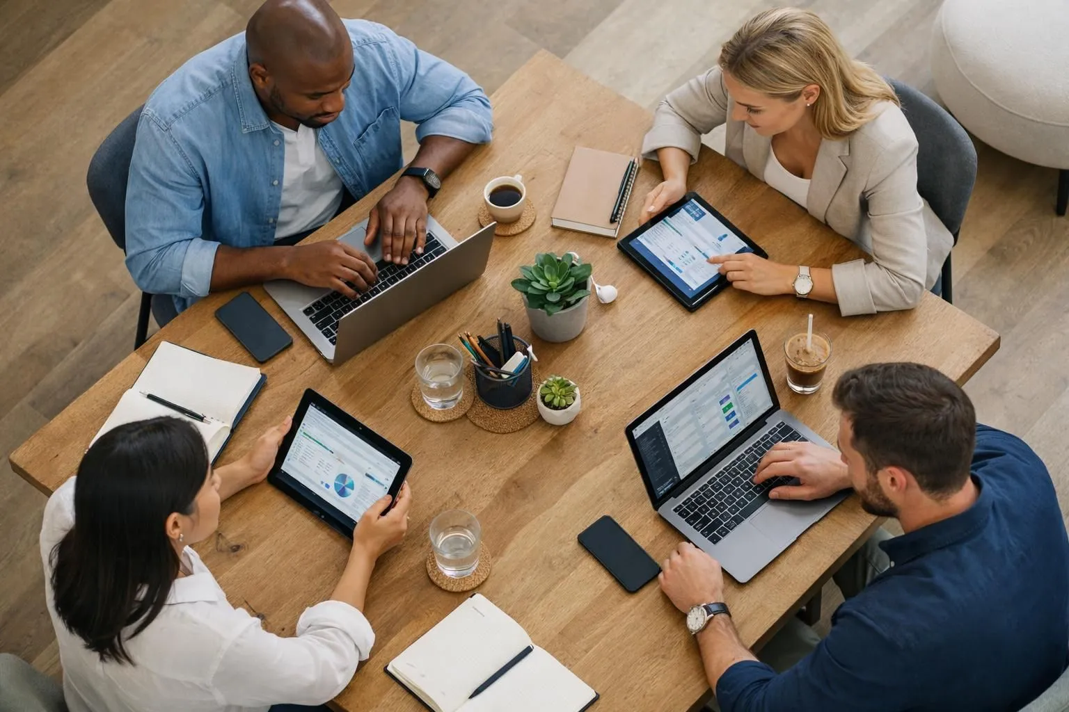 Split-screen comparison showing diverse entrepreneurs reviewing published web applications on laptops and tablets, with visible project dashboards displaying live site metrics and visitor analytics in modern coworking space, emphasizing real business outcomes from free AI development tools
