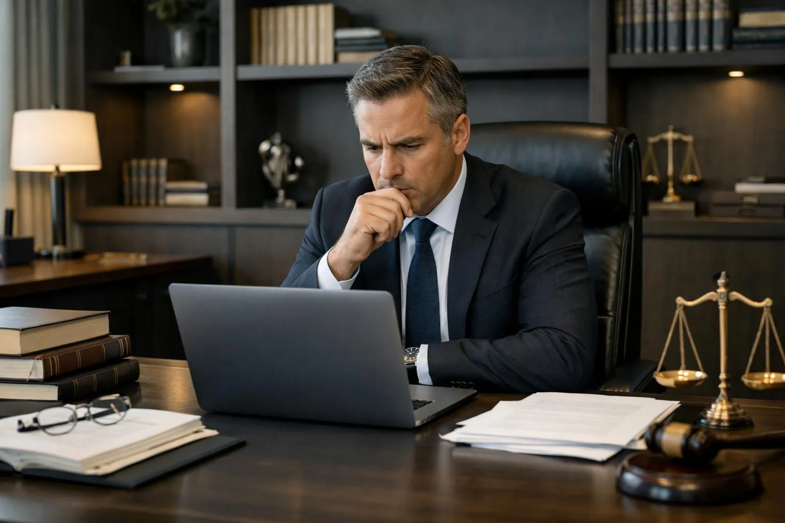 Professional lawyer at modern office desk reviewing AI-generated legal contract on laptop screen with skeptical expression, stacks of legal books and physical documents nearby for verification, warm office lighting highlighting concern about accuracy