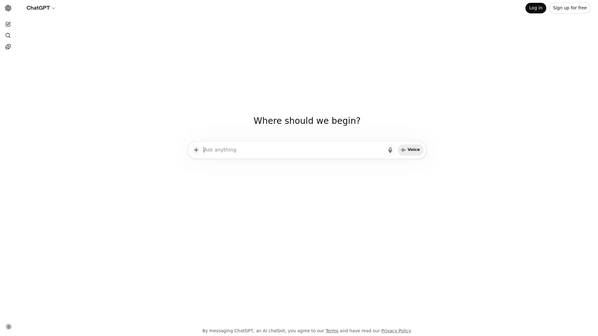 A simple white interface with a search bar and prompt "Where should we begin?"