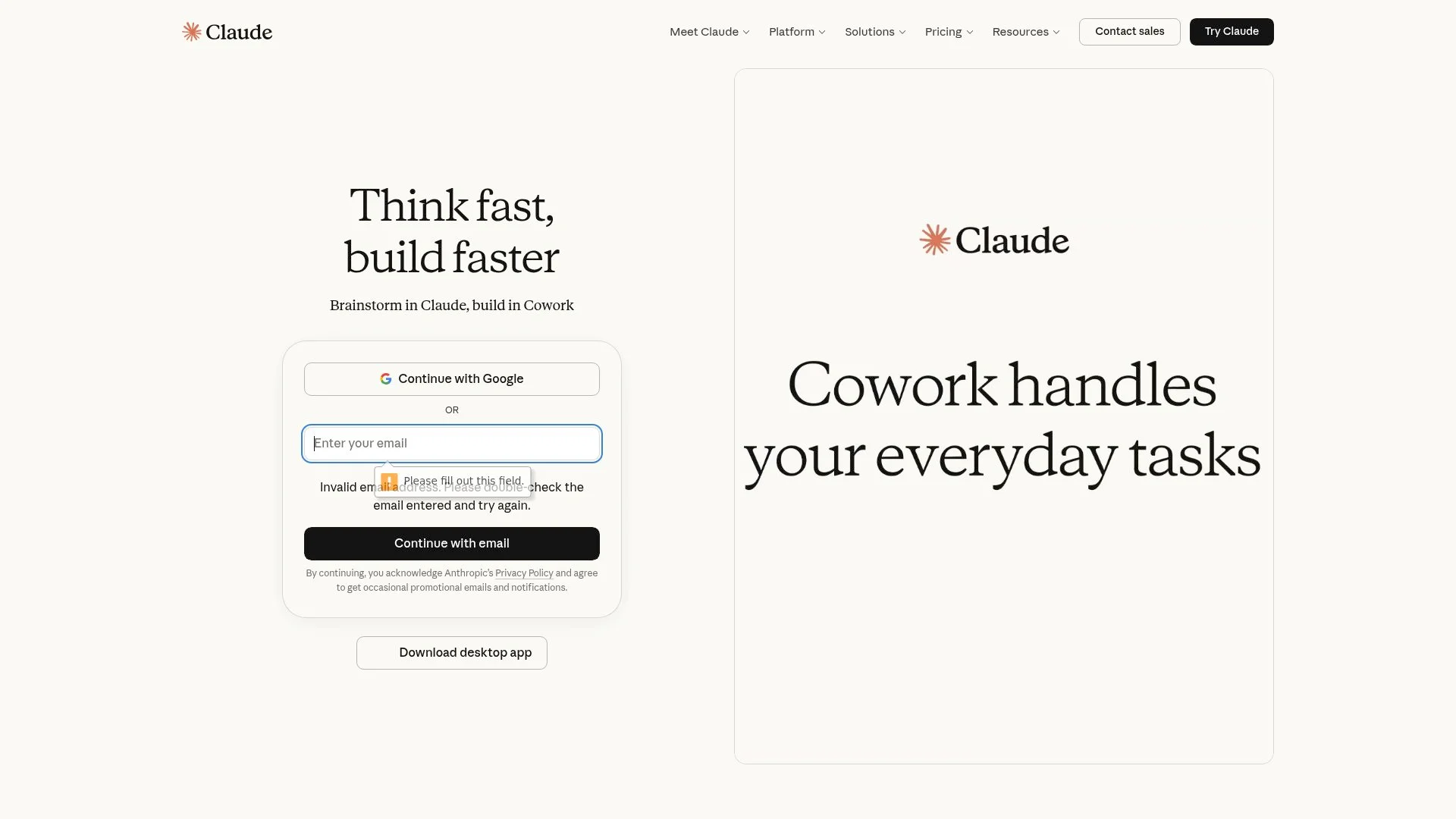 Cowork platform that handles everyday tasks, with login options.