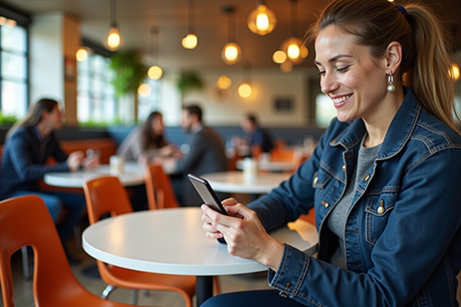 Smiling woman in denim jacket using smartphone in cafe.