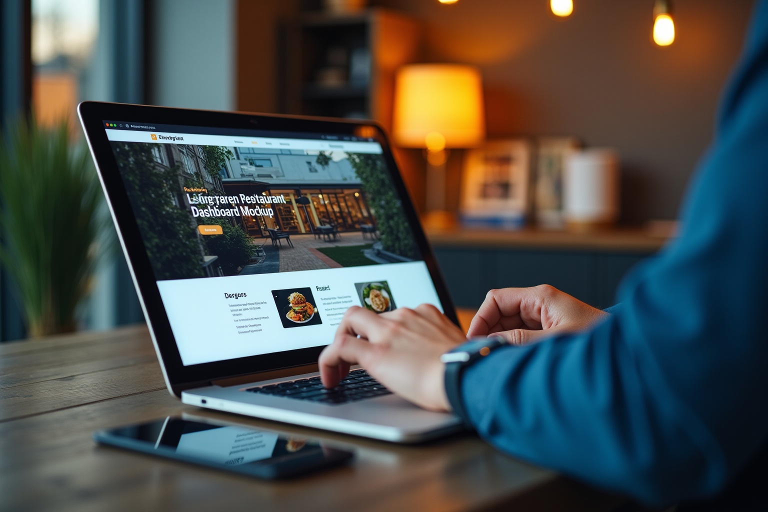 Laptop displaying a restaurant dashboard mockup website, person's hands typing on keyboard.