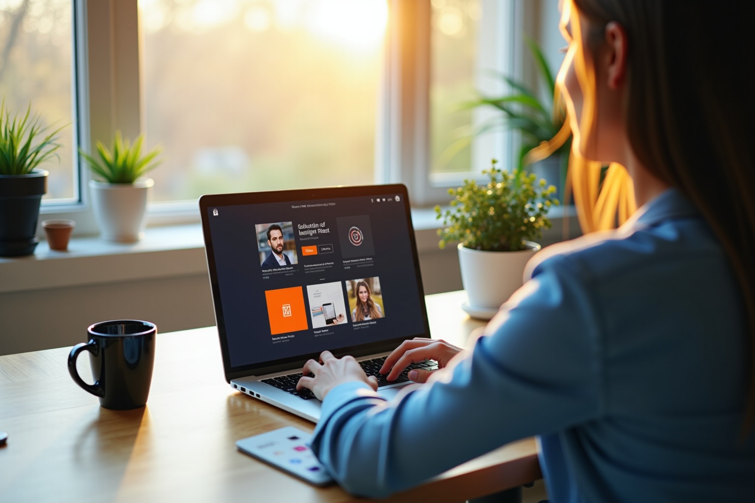 Person using laptop, office setting with plants and window.