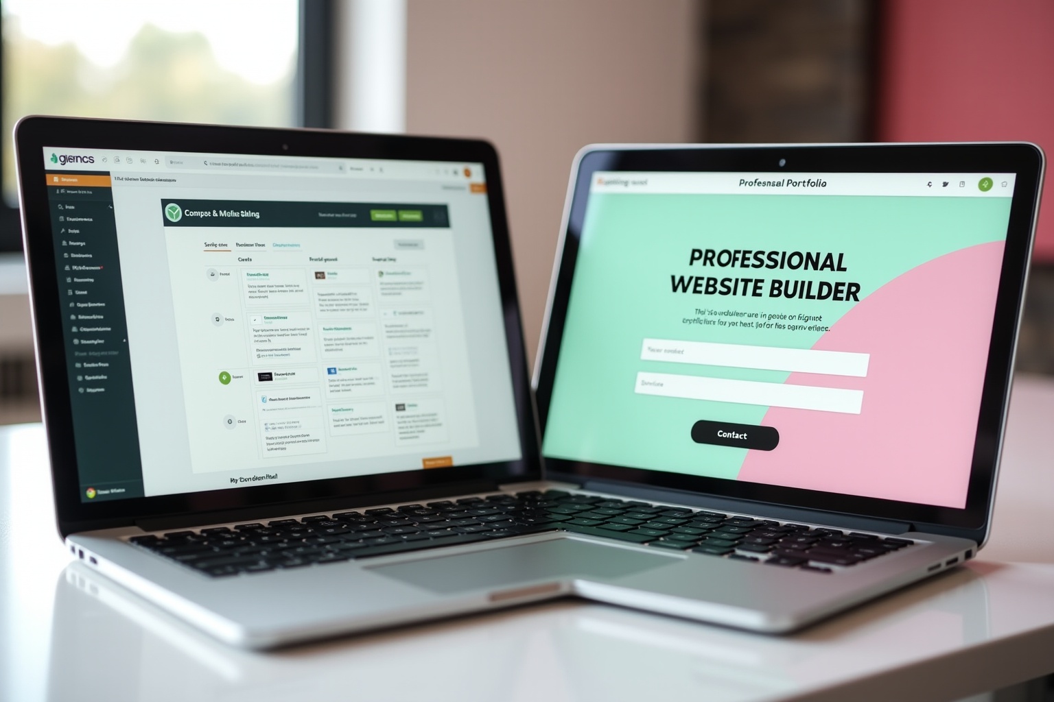 Two laptops displaying web development and portfolio building tools.