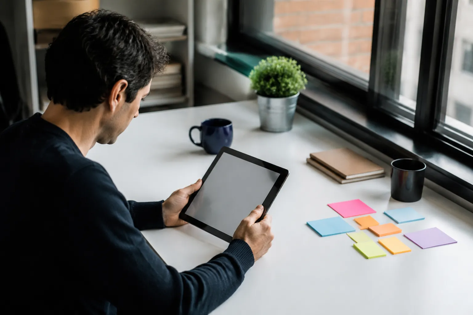 Man holding tablet at desk beside colorful sticky notes