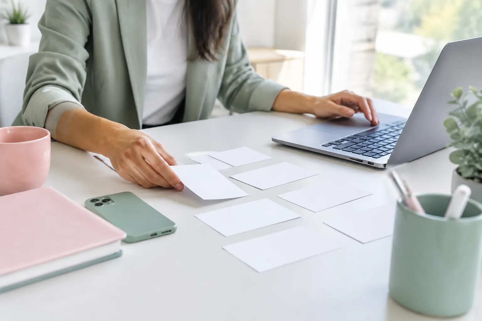 Woman arranging papers beside laptop at bright home office desk
