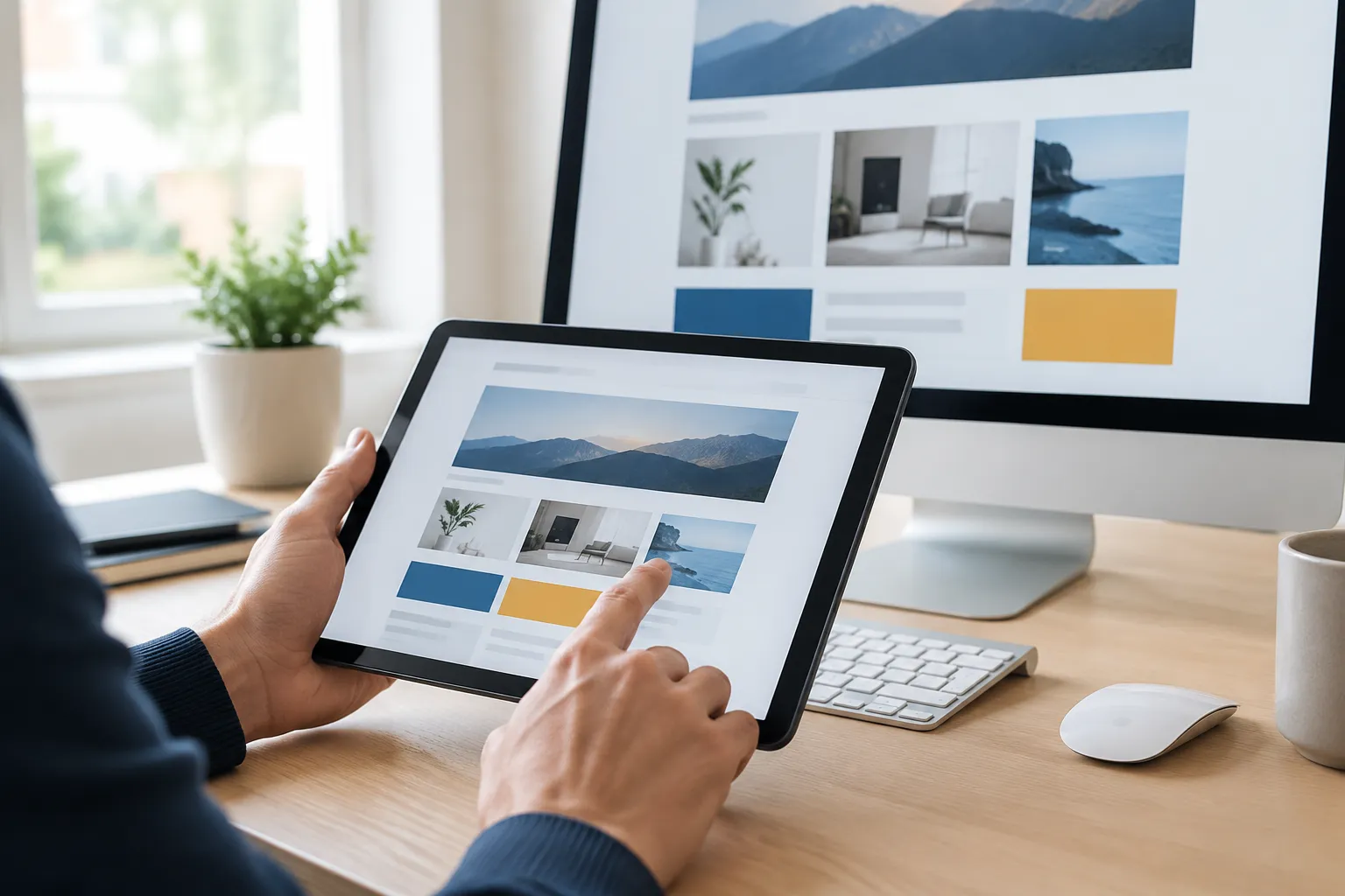 Person comparing tablet and desktop website layouts at desk