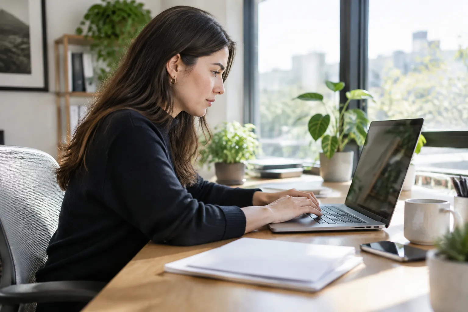 Woman working on laptop at bright home office desk
