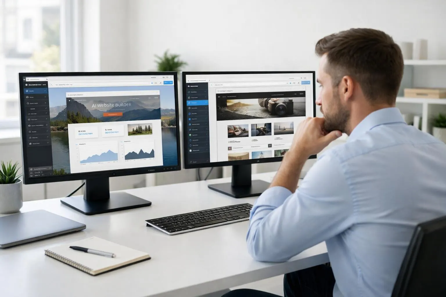 Professional entrepreneur comparing two AI website builder interfaces side-by-side on dual monitors in modern minimalist office, with digital dashboard elements and performance metrics visible on screens, natural lighting from large windows, contemporary workspace with clean desk setup