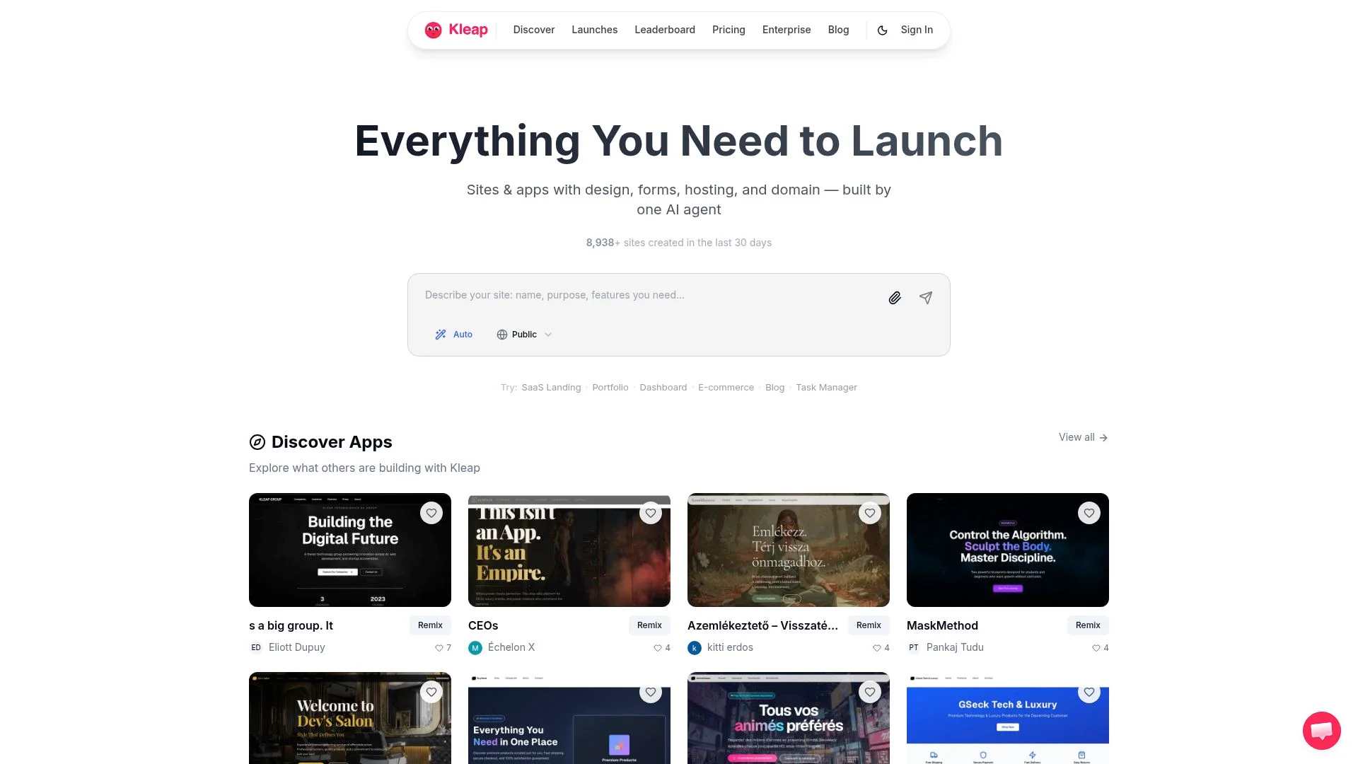 Sites and apps with design, forms, hosting, and domain built by one AI agent.