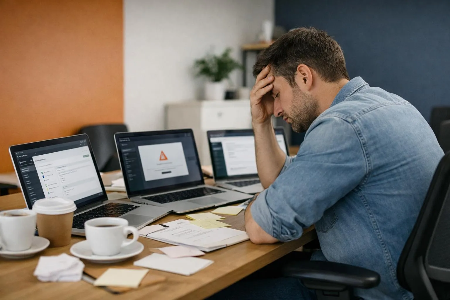 Frustrated man working on multiple laptops in disorganized workspace.