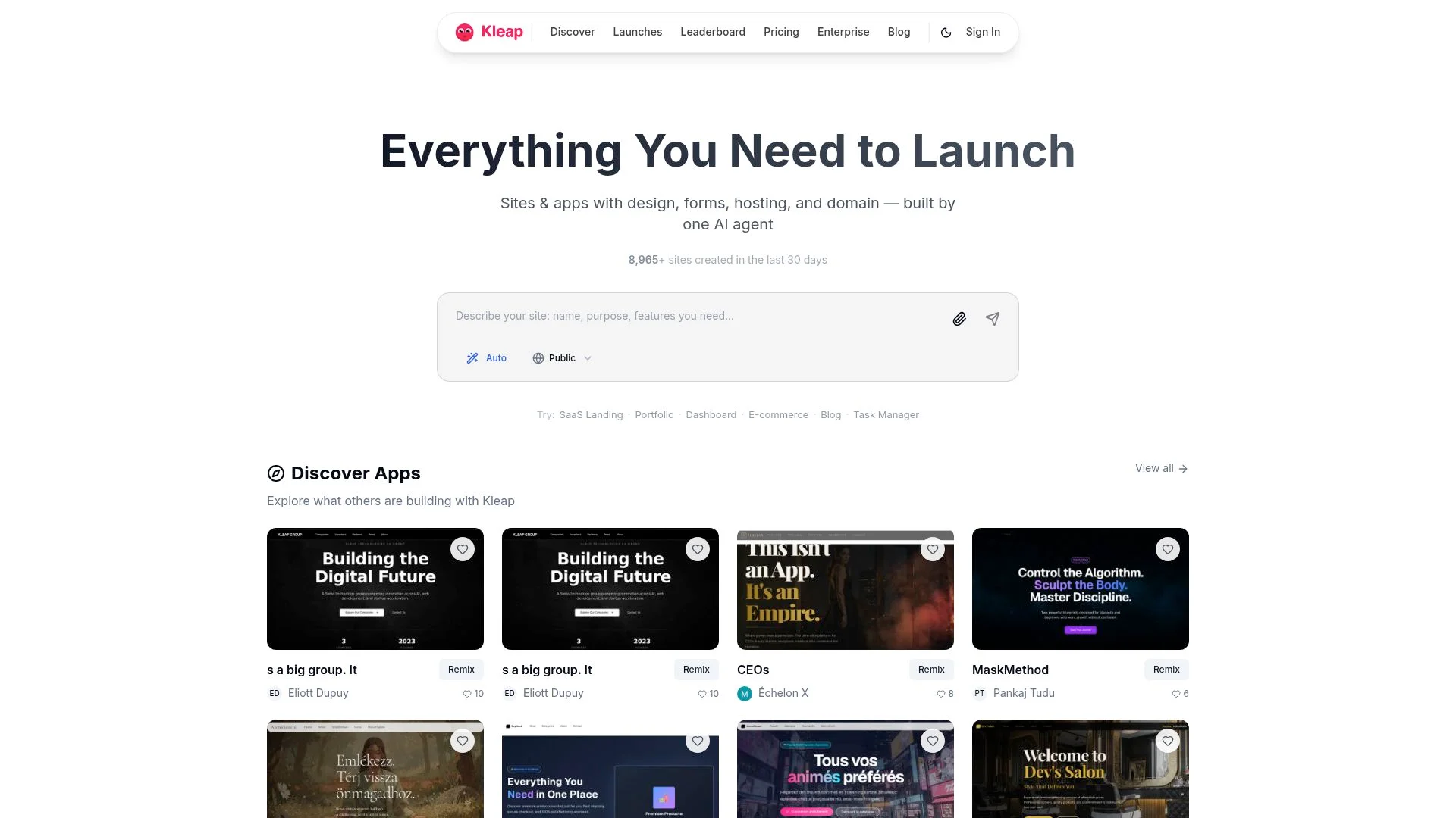 Sites and apps with design, forms, hosting, and domain built by one AI agent.