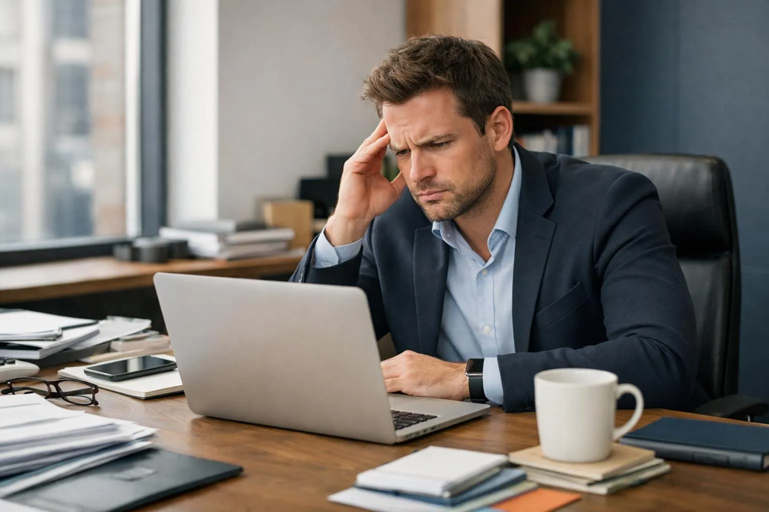 Frustrated entrepreneur at desk staring at laptop screen displaying subscription payment popup overlaying QR code generator interface, coffee cup nearby, modern minimalist office, natural window lighting, realistic business photography, professional setting