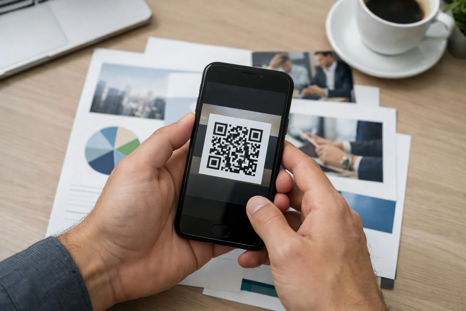 Close-up of hands holding smartphone scanning QR code on printed marketing brochure in modern office, natural lighting on professional business materials, sharp focus on code scanning moment