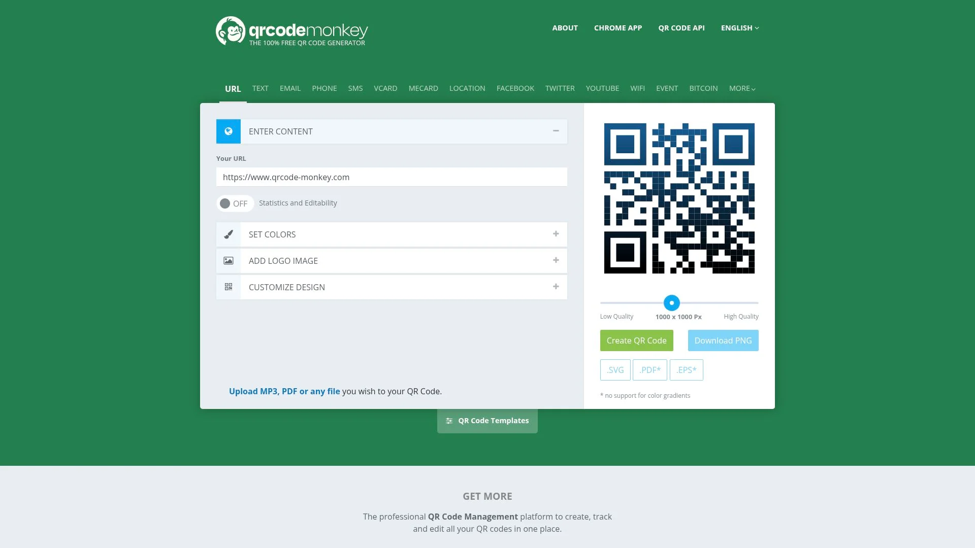 QR code generator website with customization options and download options.