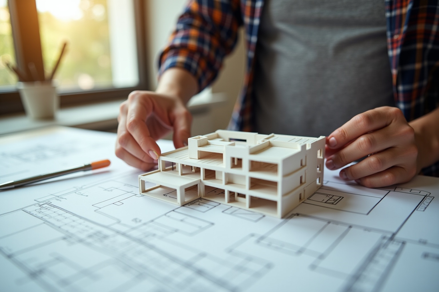 Architectural model and blueprint on a desk, hands holding model.
