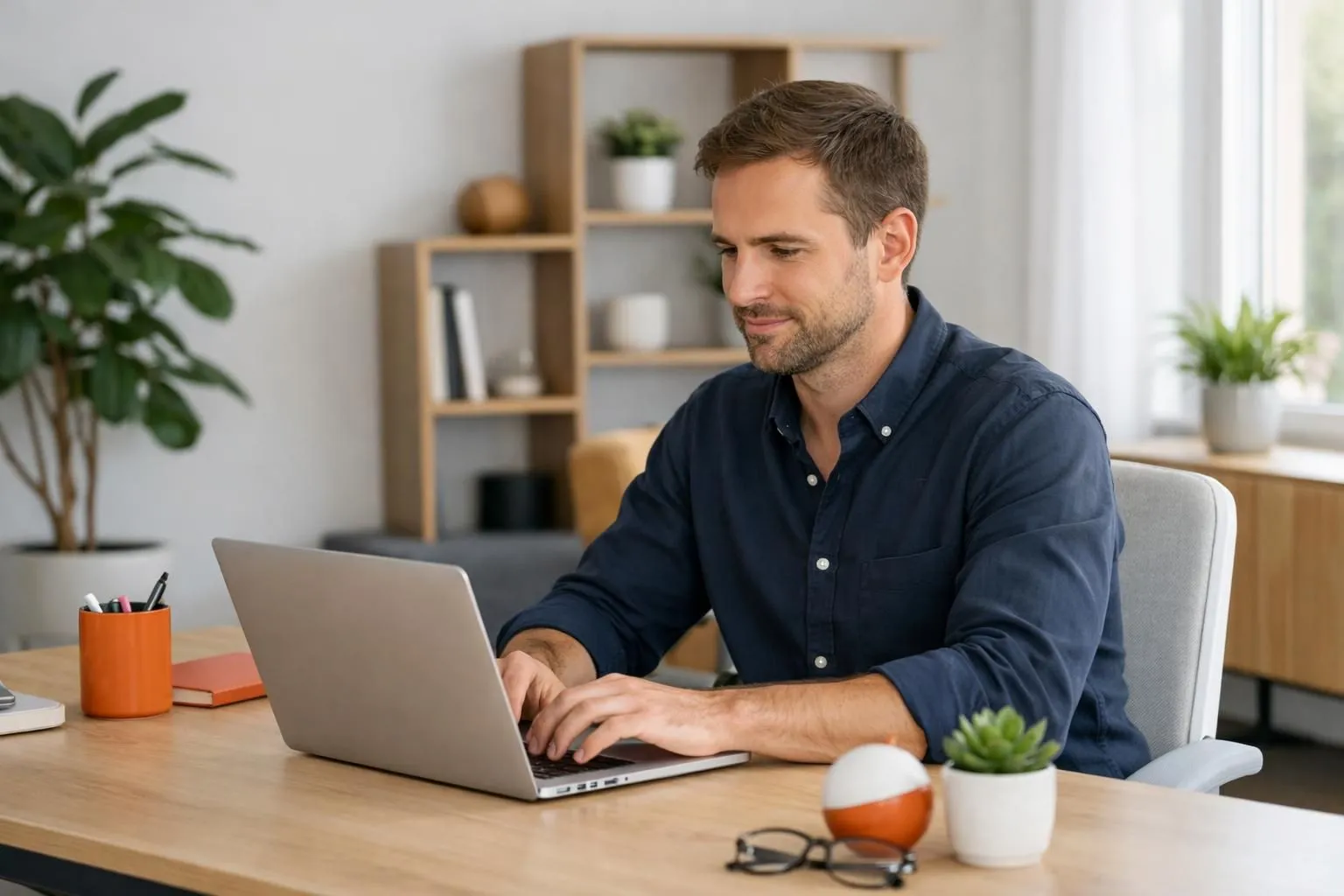 Entrepreneur at modern desk using laptop with holographic AI interface displaying website wireframes and design elements, clean office with natural lighting, professional workspace with plants, realistic photography style showing innovation in web development