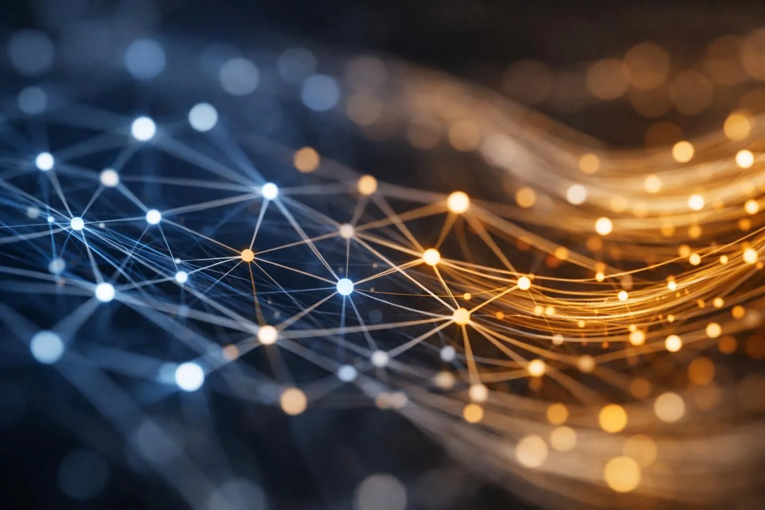 Neural network visualization showing interconnected data nodes processing business market information with flowing streams of digital analytics connecting to conceptual business models emerging from the network, representing AI pattern recognition in opportunity detection