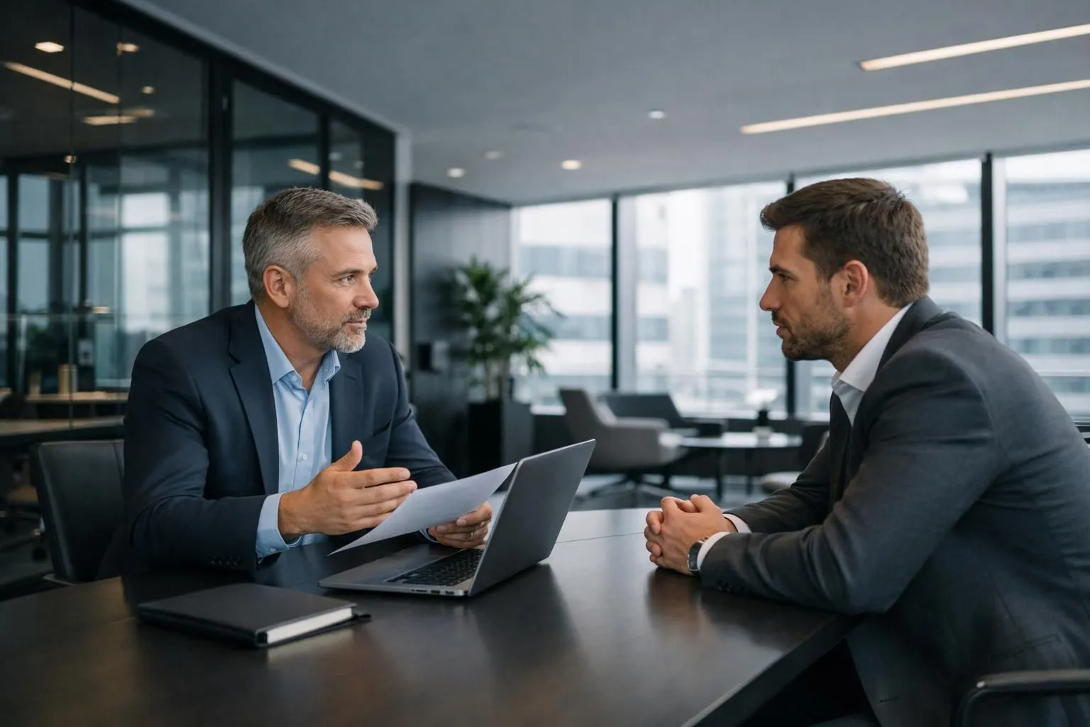Serious business consultant in modern office having candid discussion with entrepreneur across desk, showing analytical documents and laptop screen with data patterns, natural lighting, realistic corporate environment focusing on business idea ai strategy and transparent advisory discussion
