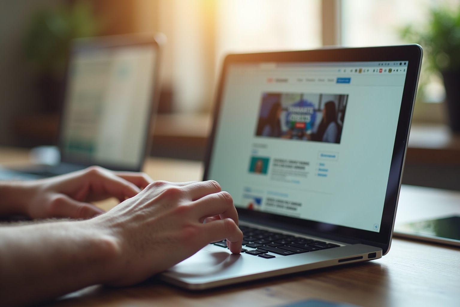 Person using laptop, browsing social media content on screen.