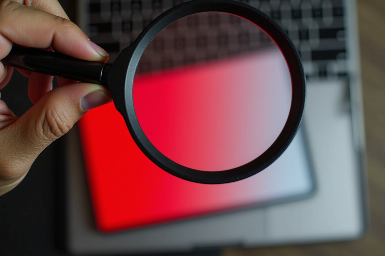 Magnifying glass with red-tinted lens, hand holding it.