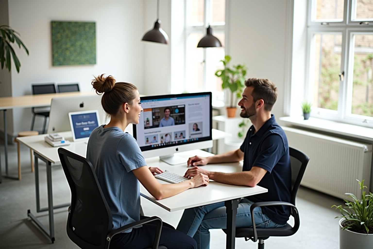 Two coworkers collaborating on a computer in an office setting.