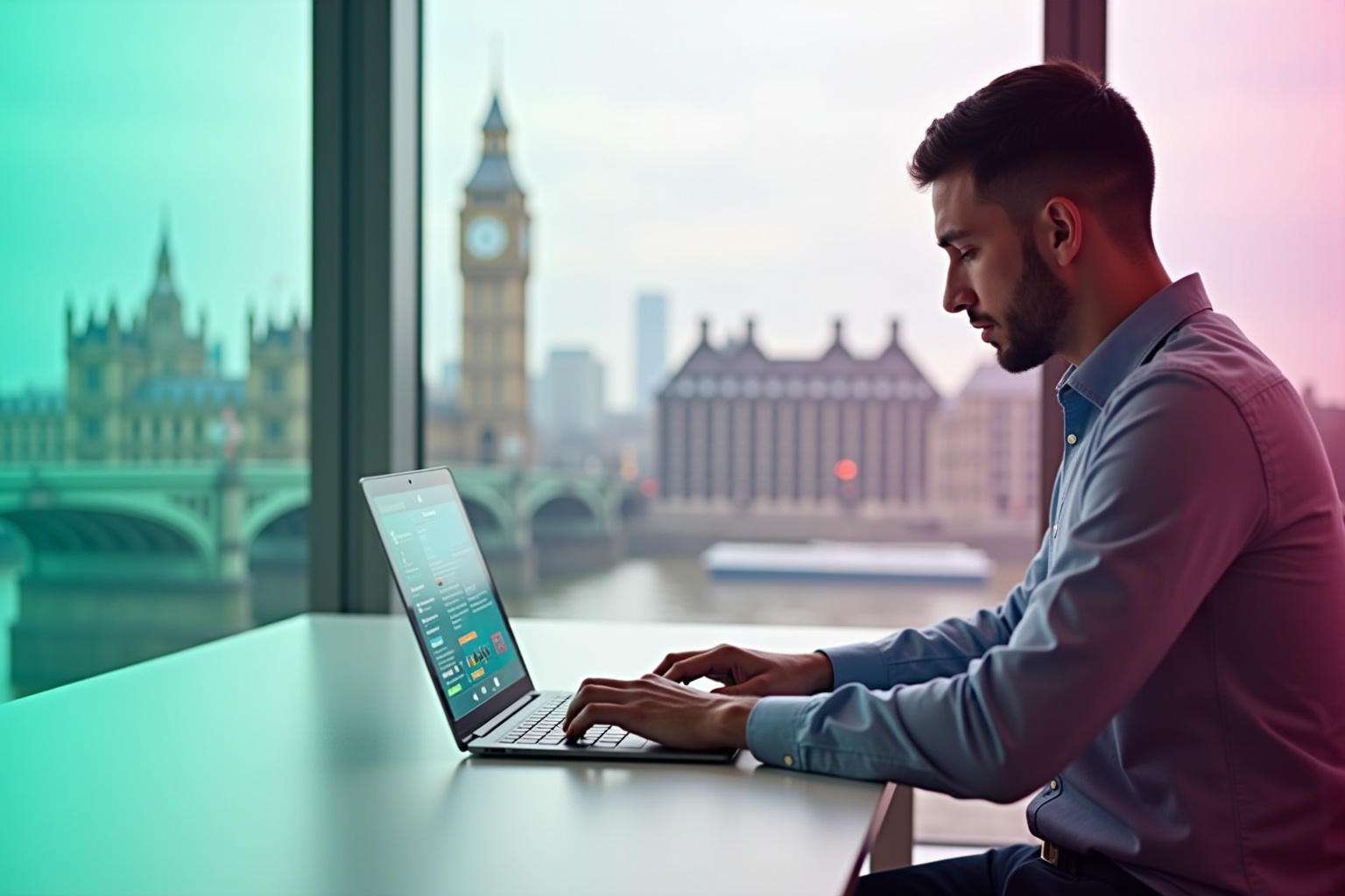 A man working on a laptop with a cityscape view.