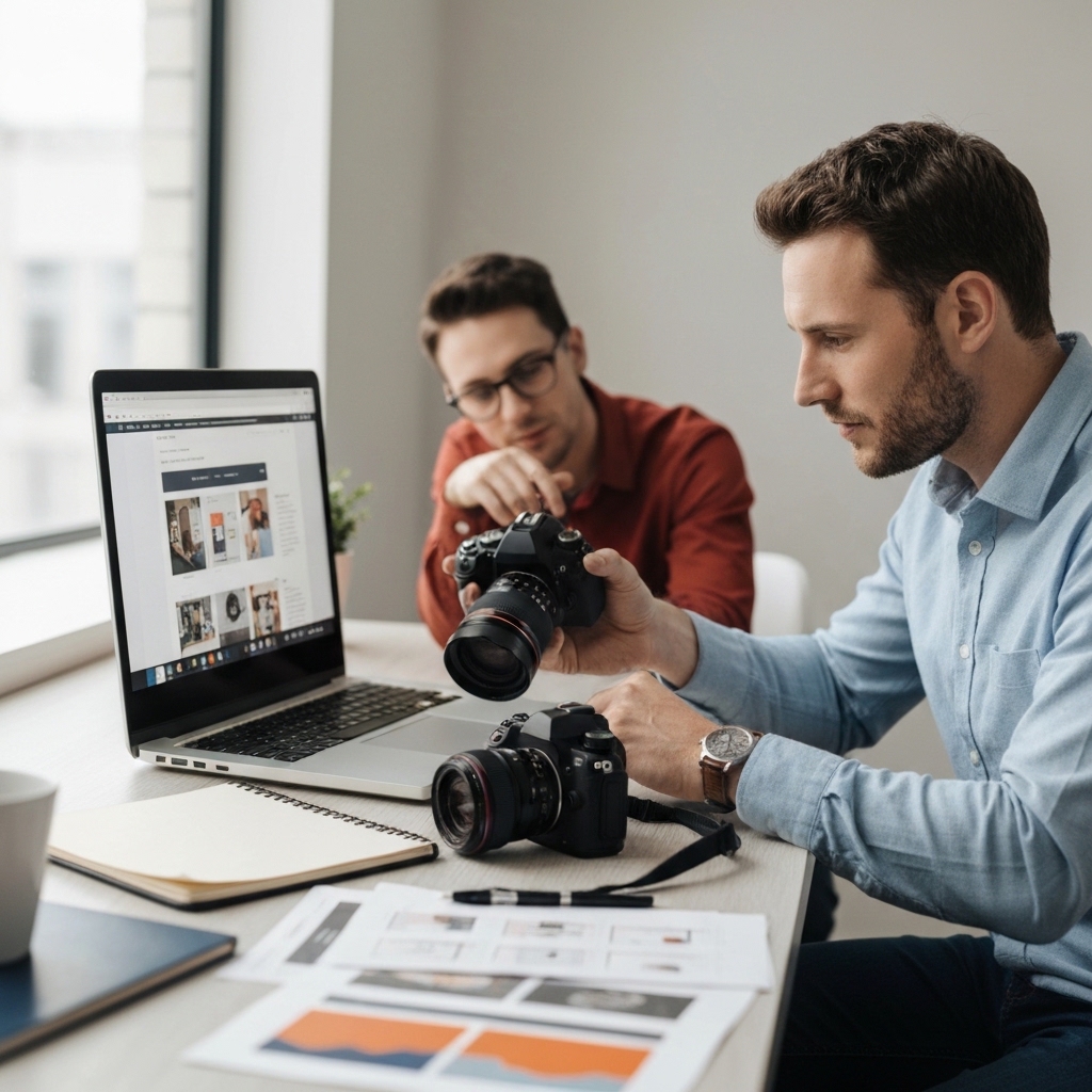 Professional photographer reviewing multiple AI-generated website layout options on laptop screen, camera gear on desk, clean modern workspace with natural lighting, realistic business setting
