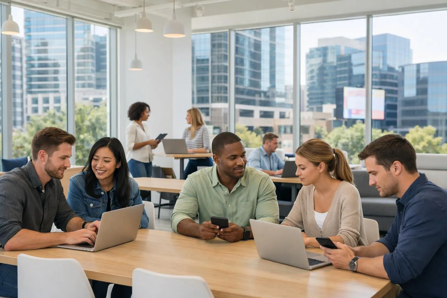 Diverse group of professionals collaborating in modern office setting.