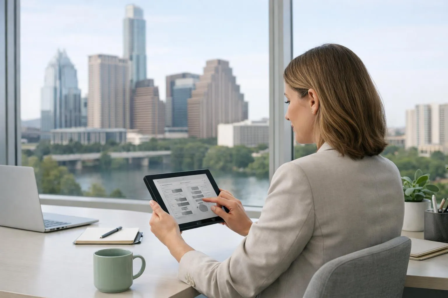 A woman in a business suit reviewing documents on a tablet, with a cityscape visible through the window.